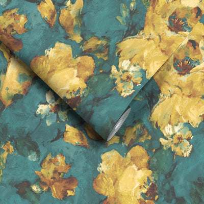 Expressive Floral Teal/Yellow Wallpaper