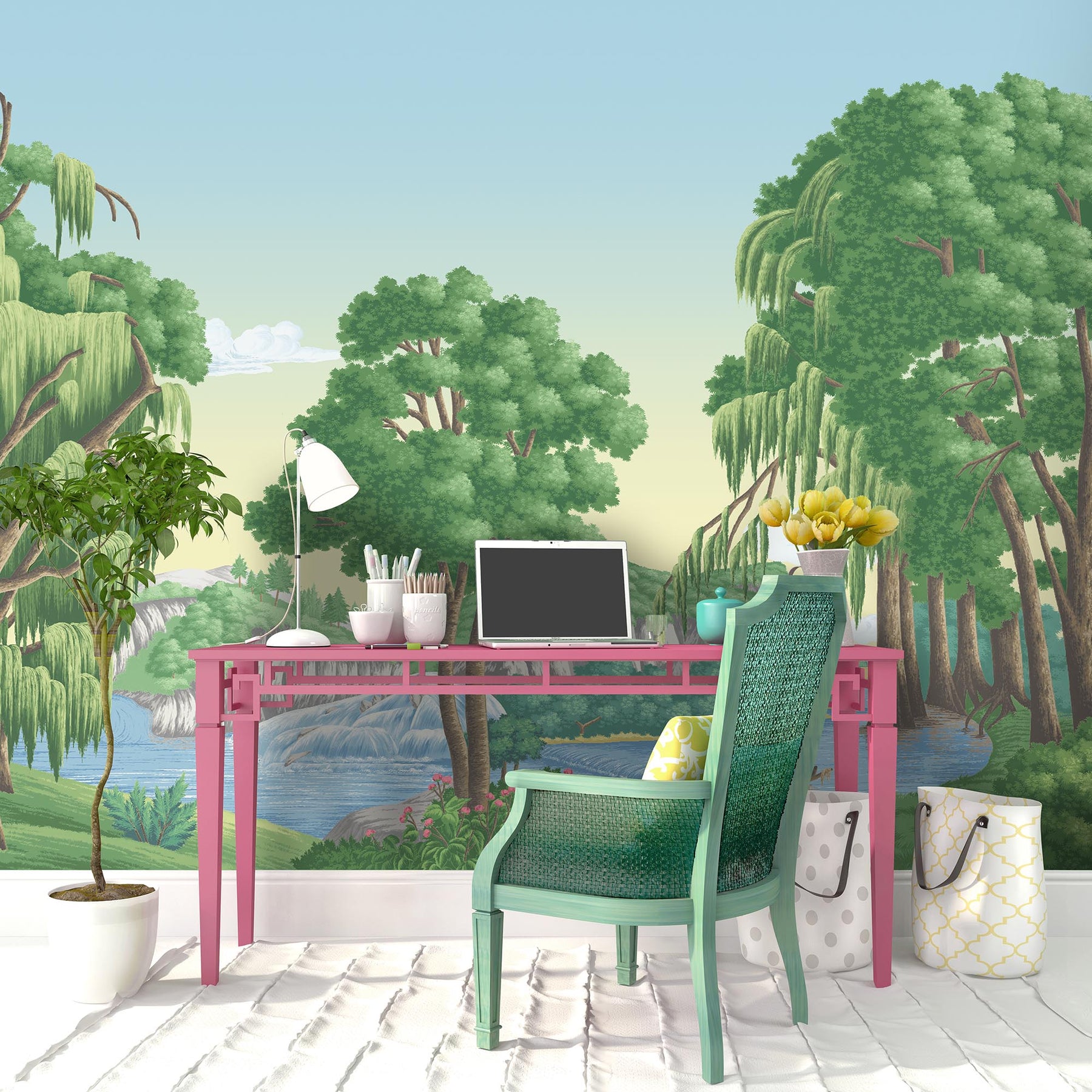 Pavilion Gardens Summer Green Mural – Chinoiserie Botanical Wallpaper ...