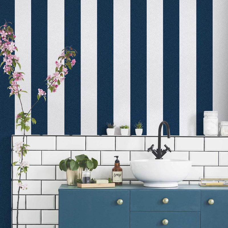 Awning Stripe Navy/White Wallpaper