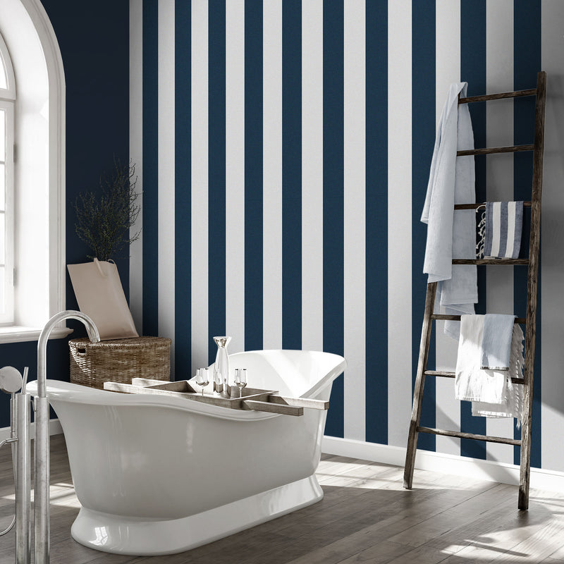 Awning Stripe Navy/White Wallpaper