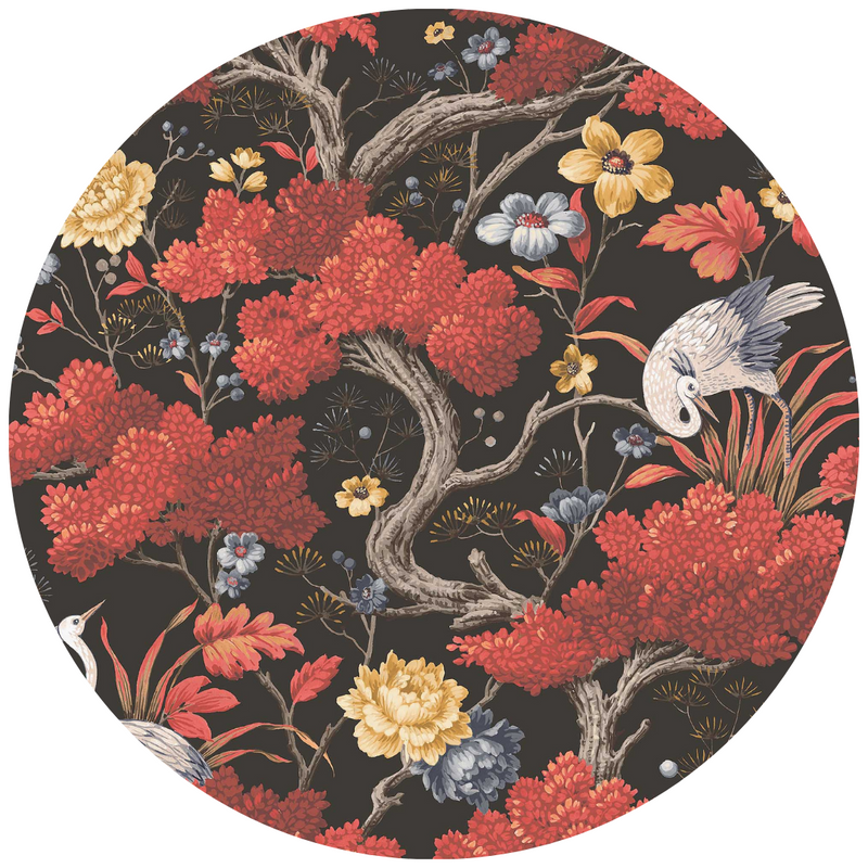 Crane Bird Japanese Red Linen Fabric
