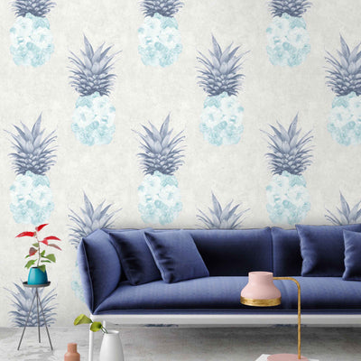 Floral Pineapple Feature Wallpaper in Duck Egg