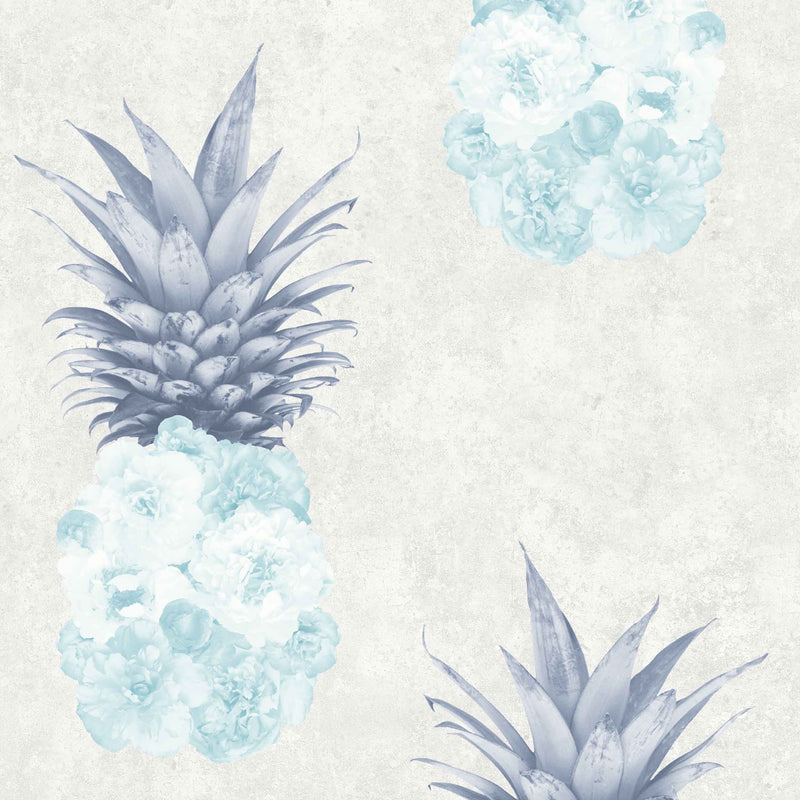 Floral Pineapple Feature Wallpaper in Duck Egg