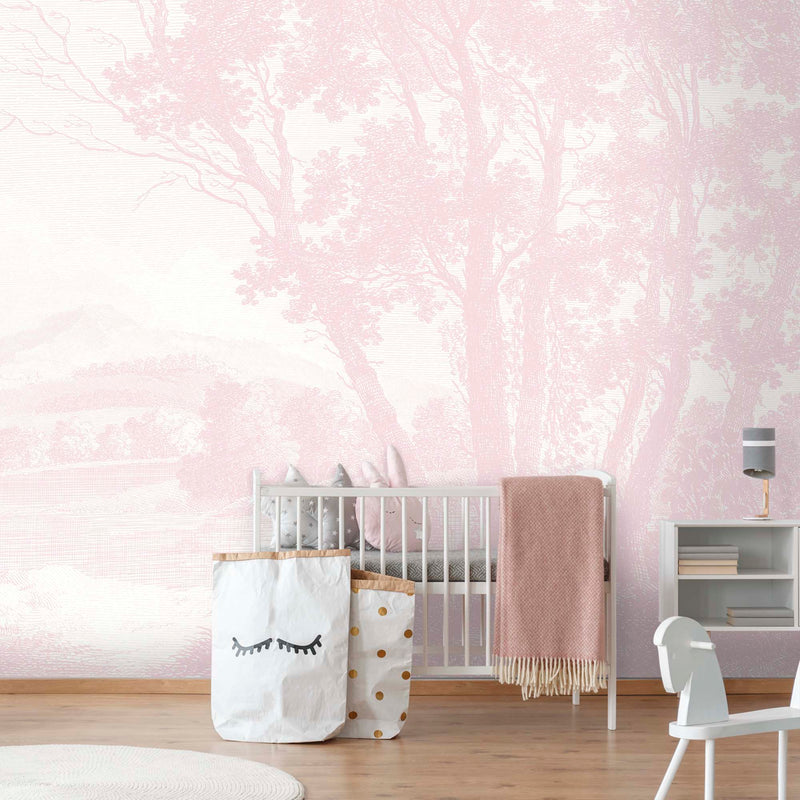 Peaceful Countryside Pink Wallpaper Mural by Woodchip & Magnolia